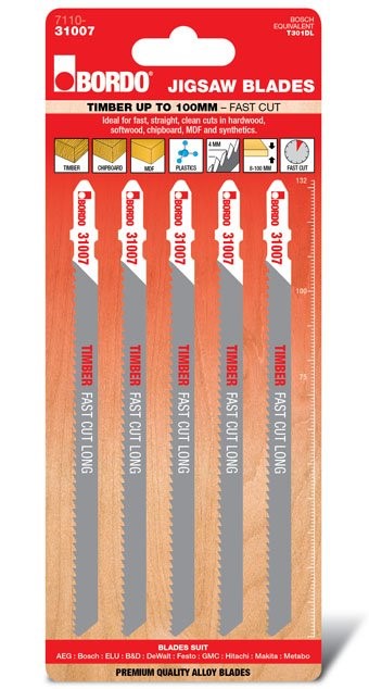 BORDO JIG SAW HCS T-SHANK STRAIGHT CUT 132MM TIMBER 5 PK 